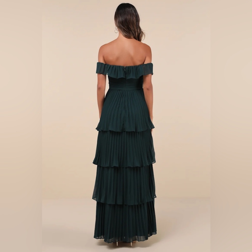 Lulus Always Remarkable Emerald Pleated Off-the-Shoulder Maxi Dress - Picture 2 of 12